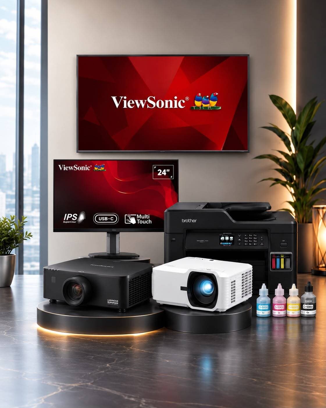ViewSonic commercial display, touch monitor, laser projectors and Brother printer set up in a modern office